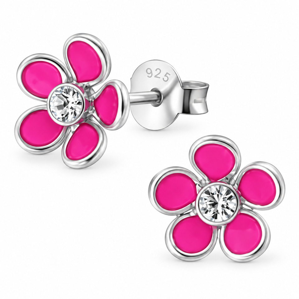 Pink Flower Stud Earrings with Crystal Centre – Sterling Silver