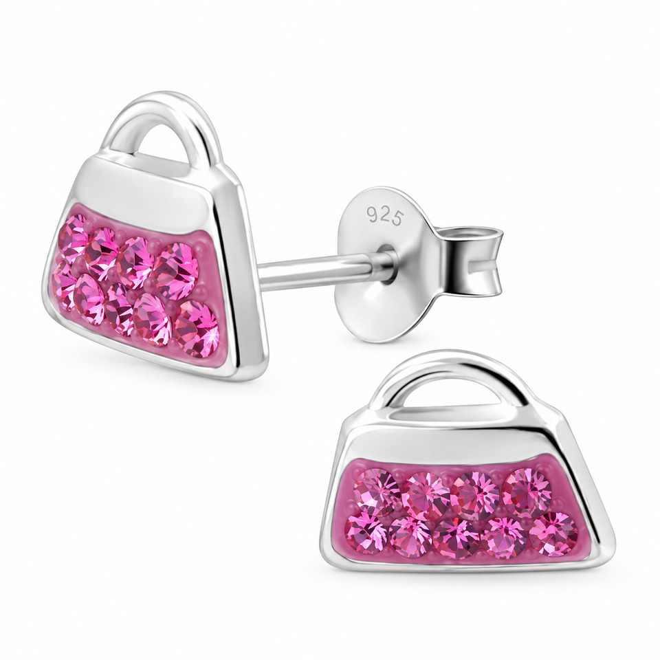 Pink Crystal Handbag Stud Earrings – Sterling Silver