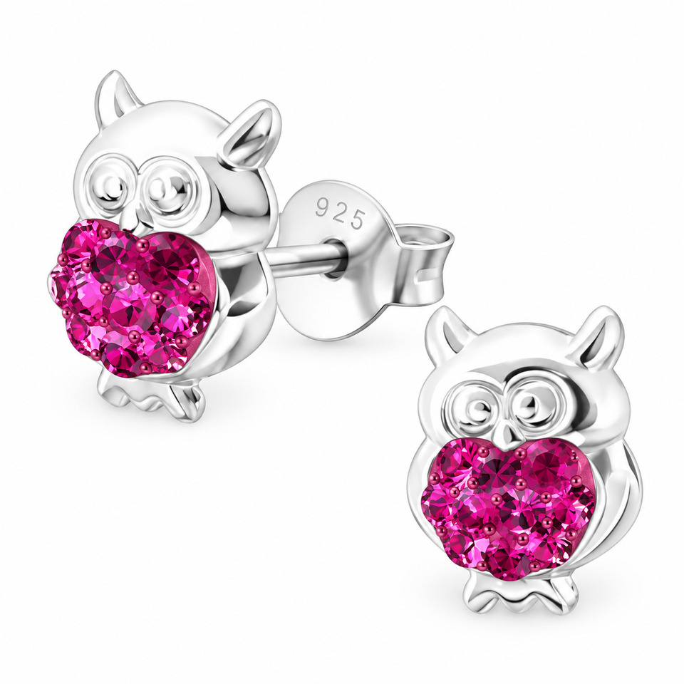 Rose Crystal Owl Stud Earrings – Sterling Silver