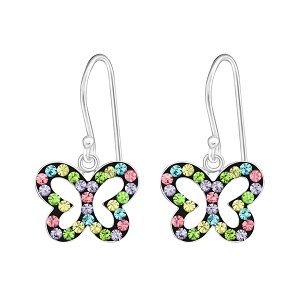 Butterfly Drop Earrings – Colourful Crystal Hearts, Sterling Silver