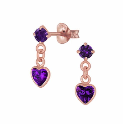 Heart Drop Earrings, Amethyst Cubic Zirconia, Sterling Silver coated in Rose Gold