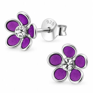 Purple Flower Stud Earrings with Crystal Centre – Sterling Silver