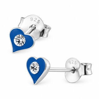 Blue Heart Stud Earrings with Crystal Centre Sterling Silver
