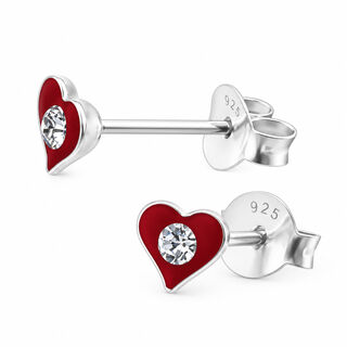 Petite Heart Stud Earrings with Red Crystal, Sterling Silver